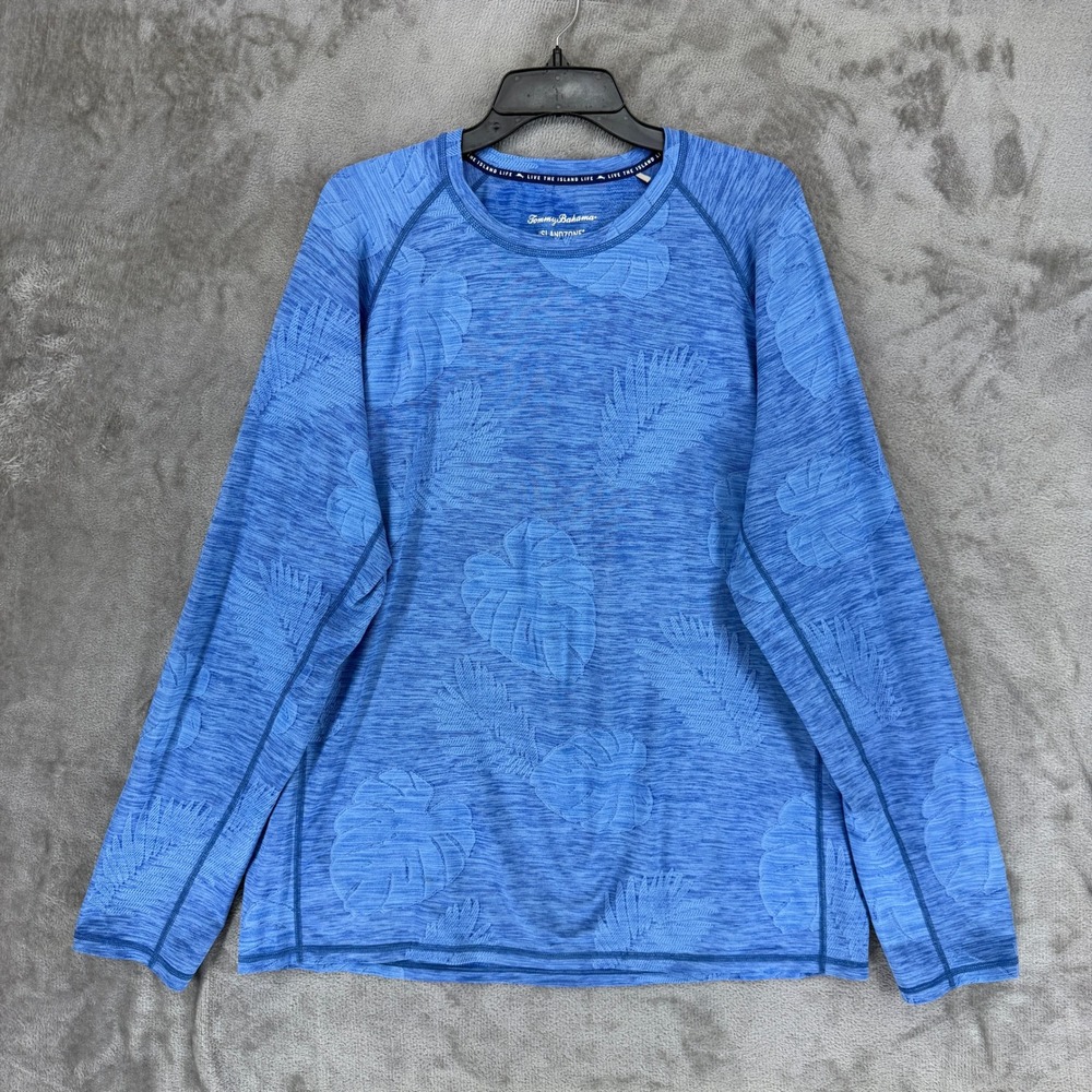 Tommy Bahama Men IslandZone Blue Tropical Leaf Long Sleeve T Shirt Large Stretch
